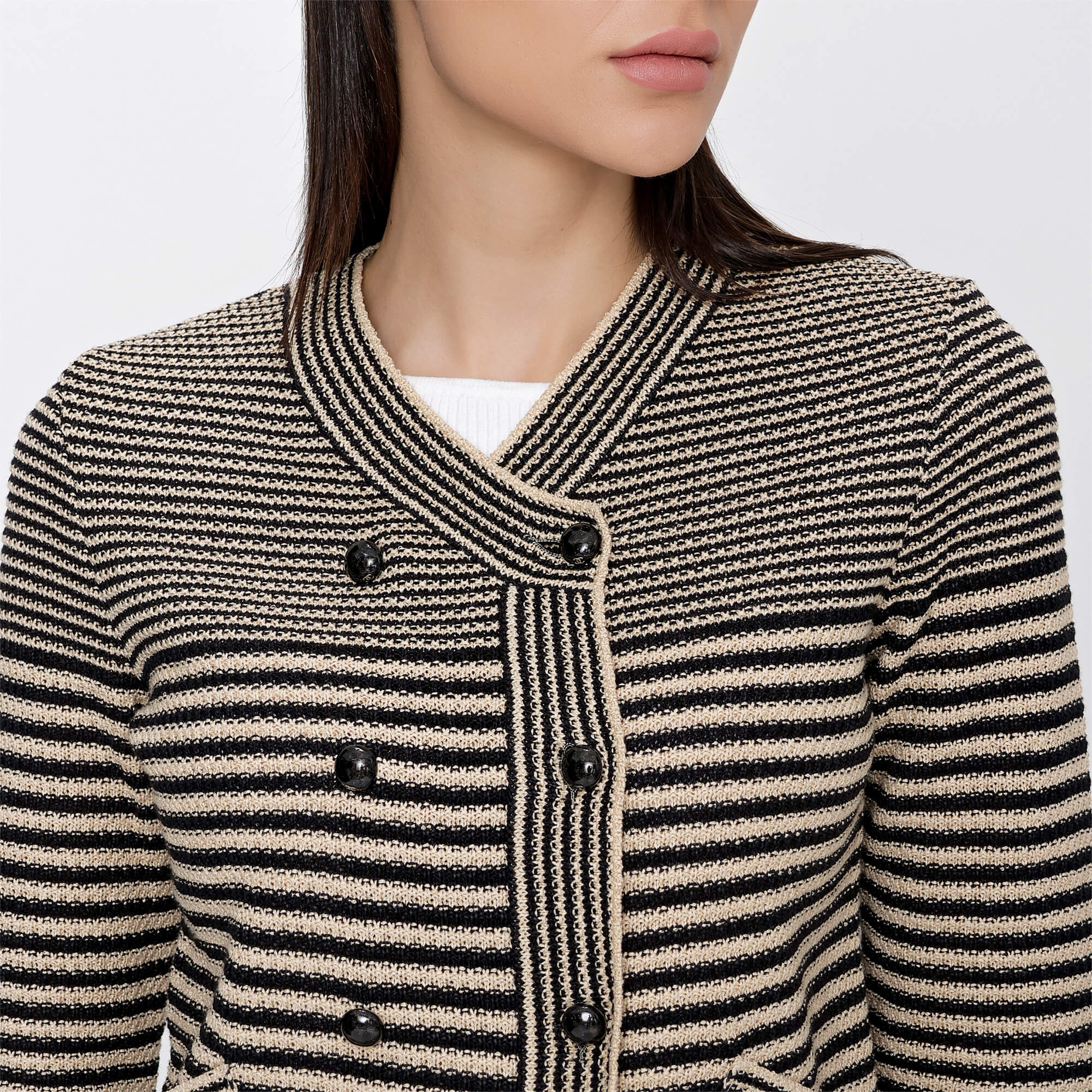 Chanel - Black and Beige Cotton Blend Striped Crochet Knit Cardigan